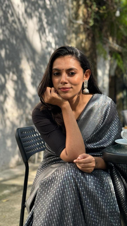 Silver Noir Banarasi Soft Silk Saree with Metallic Weave Detailing