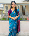 Royal Teal Banarasi Soft Silk Saree with Contrast Maroon Pallu