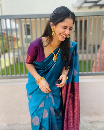 Royal Teal Banarasi Soft Silk Saree with Contrast Maroon Pallu
