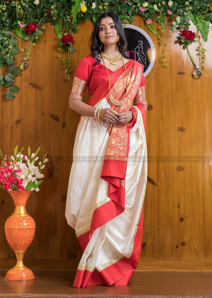 Ivory Elegance Banarasi Soft Silk Saree with Scarlet Red Border