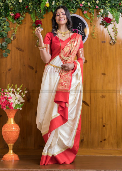 Ivory Elegance Banarasi Soft Silk Saree with Scarlet Red Border