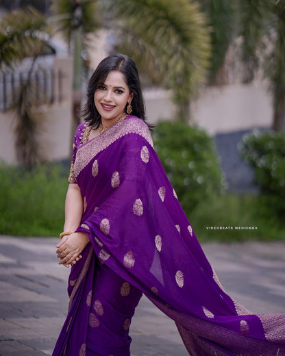 Royal Violet Banarasi Soft Silk Saree with Golden Zari Weaving