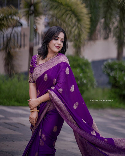 Royal Violet Banarasi Soft Silk Saree with Golden Zari Weaving