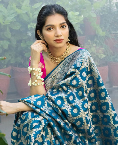 Teal Blue Banarasi Soft Silk Saree with Golden Zari Weaving