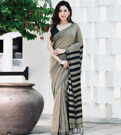 Muted Gold & Black Striped Banarasi Soft Silk Saree – Modern Elegance Woven in Tradition