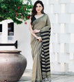 Muted Gold & Black Striped Banarasi Soft Silk Saree – Modern Elegance Woven in Tradition