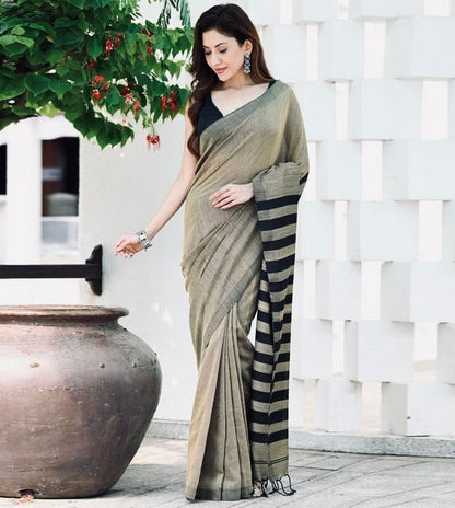 Muted Gold & Black Striped Banarasi Soft Silk Saree – Modern Elegance Woven in Tradition