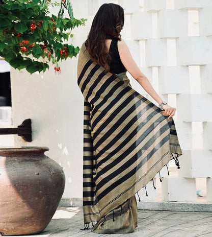 Muted Gold & Black Striped Banarasi Soft Silk Saree – Modern Elegance Woven in Tradition
