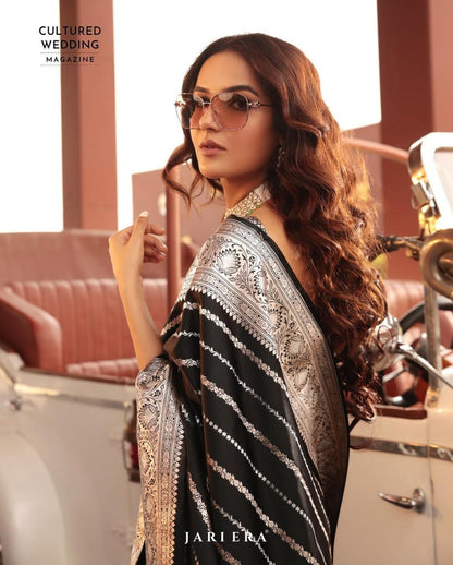 Black Luxe Banarasi Soft Silk Saree with Silver Zari Stripes & Heritage Border
