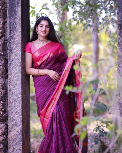 Magenta Wine Banarasi Soft Silk Saree with Contrasting Pink Zari Border