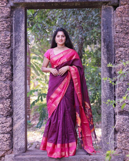 Magenta Wine Banarasi Soft Silk Saree with Contrasting Pink Zari Border