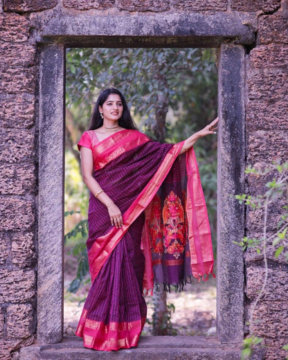 Magenta Wine Banarasi Soft Silk Saree with Contrasting Pink Zari Border