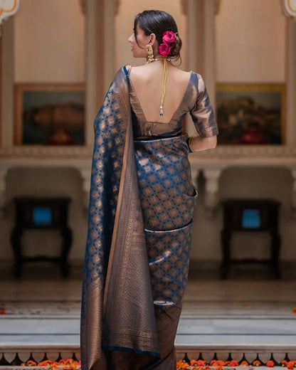 Royal Navy Banarasi Soft Silk Saree with Antique Copper Zari Weaving