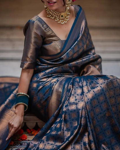 Royal Navy Banarasi Soft Silk Saree with Antique Copper Zari Weaving