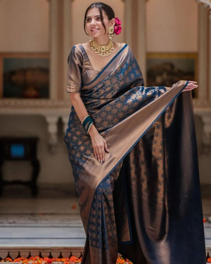 Royal Navy Banarasi Soft Silk Saree with Antique Copper Zari Weaving