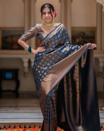 Royal Navy Banarasi Soft Silk Saree with Antique Copper Zari Weaving
