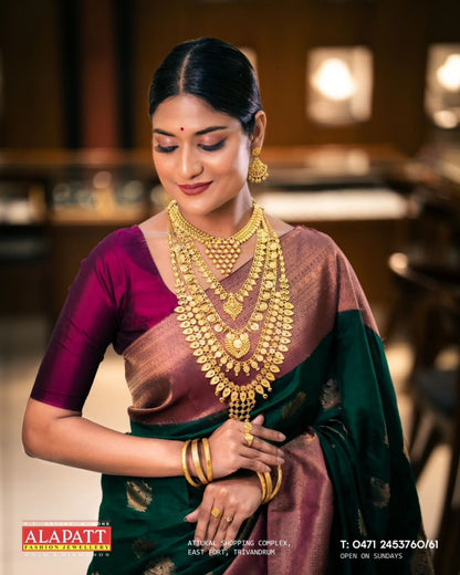 Varnika Majesty Banarasi Soft Silk Saree – Emerald Plum Dual Weave Edition