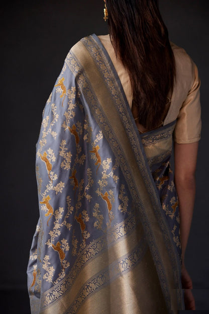 Aaryahi Panthera Banarasi Soft Silk Saree – Heritage Animal Motif Weave