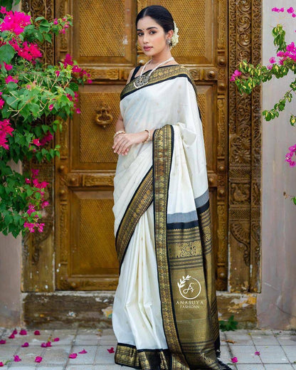 Devangana Ivory Noir Banarasi Soft Silk Saree – Timeless Elegance in Black & Gold Weave