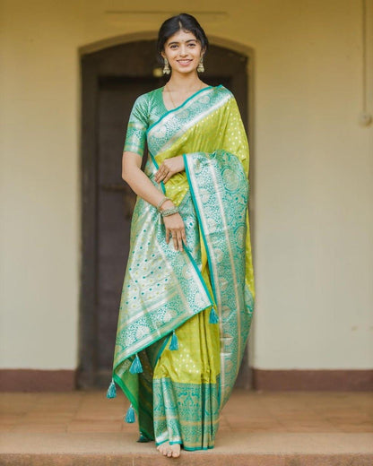 Vibrant Lime Green Bandhej Saree with Aqua Blue Ikat Pallu & Zari Border