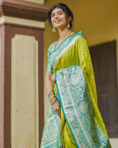 Vibrant Lime Green Bandhej Saree with Aqua Blue Ikat Pallu & Zari Border