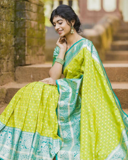 Vibrant Lime Green Bandhej Saree with Aqua Blue Ikat Pallu & Zari Border