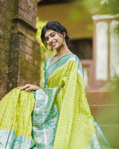 Vibrant Lime Green Bandhej Saree with Aqua Blue Ikat Pallu & Zari Border