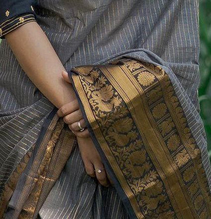 Regal Plum Kanjivaram Silk Saree with Gold Zari Border & Contrast Emerald Blouse