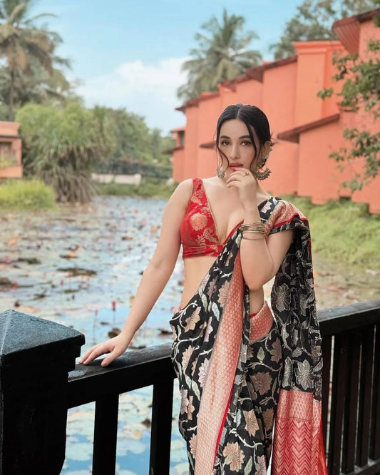 Elegant Black & Peach Banarasi Soft Silk Saree with Red Contrast Blouse