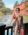 Elegant Black & Peach Banarasi Soft Silk Saree with Red Contrast Blouse