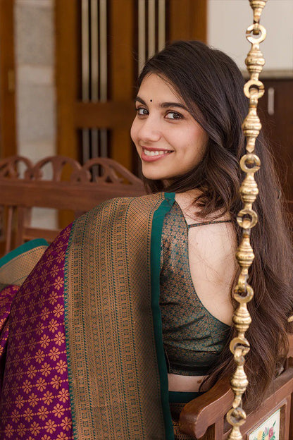 Royal Duo Banarasi Soft Silk Sarees – Purple & Cream-Orange Combo