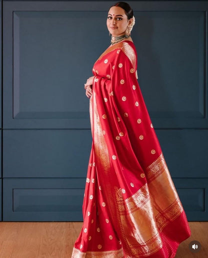 Traditional Red Banarasi Soft Silk Saree with Golden Zari Border & Rich Pallu