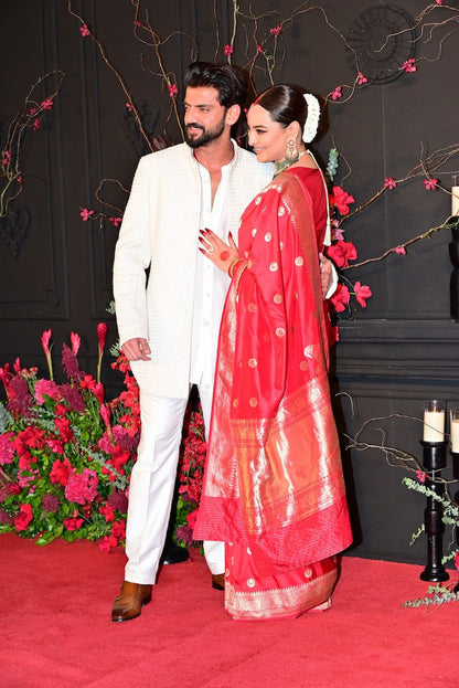 Traditional Red Banarasi Soft Silk Saree with Golden Zari Border & Rich Pallu