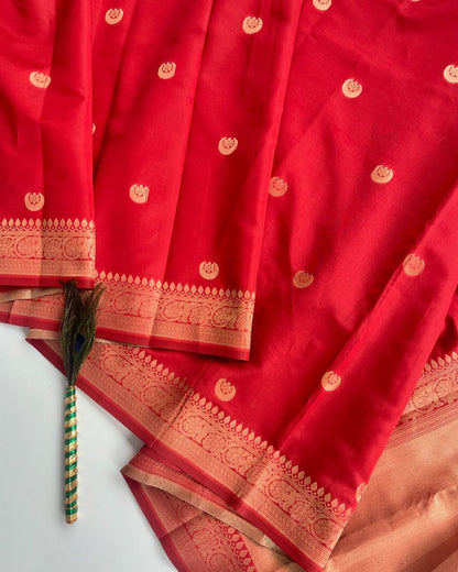 Traditional Red Banarasi Soft Silk Saree with Golden Zari Border & Rich Pallu