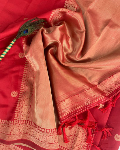 Traditional Red Banarasi Soft Silk Saree with Golden Zari Border & Rich Pallu