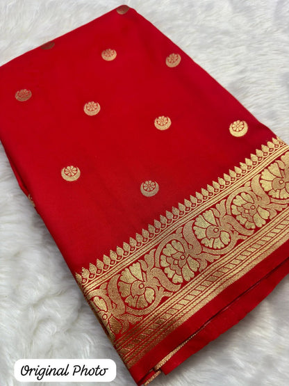 Traditional Red Banarasi Soft Silk Saree with Golden Zari Border & Rich Pallu