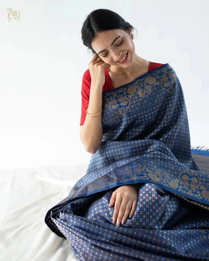 Elegant Navy Blue Banarasi Soft Silk Saree with Golden Zari Weaving