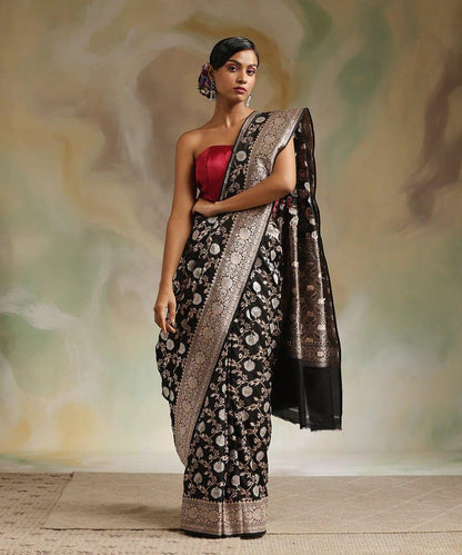 Classic Black Banarasi Soft Silk Saree with Silver Zari Weaving & Rich Pallu