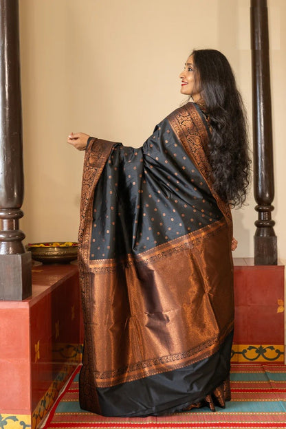 Elegant Black & Copper Banarasi Soft Silk Saree with Antique Zari Border