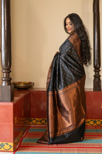 Elegant Black & Copper Banarasi Soft Silk Saree with Antique Zari Border