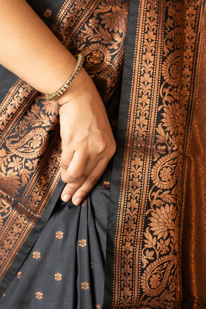 Elegant Black & Copper Banarasi Soft Silk Saree with Antique Zari Border