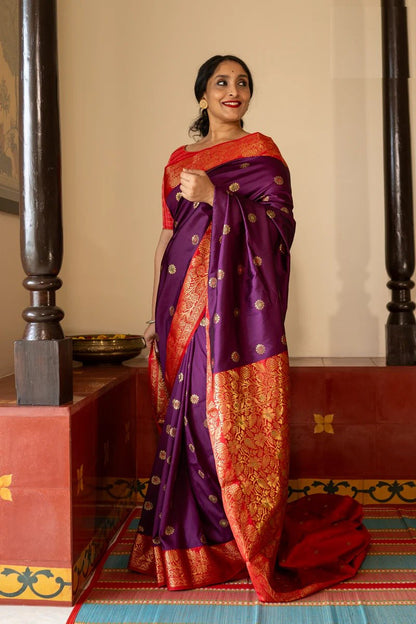 Majestic Red Banarasi Soft Silk Saree with Contrast Pallu in Purple, Blue & Black