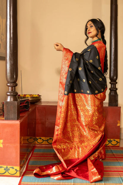 Majestic Red Banarasi Soft Silk Saree with Contrast Pallu in Purple, Blue & Black