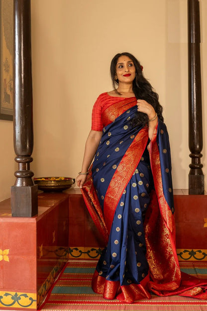 Majestic Red Banarasi Soft Silk Saree with Contrast Pallu in Purple, Blue & Black