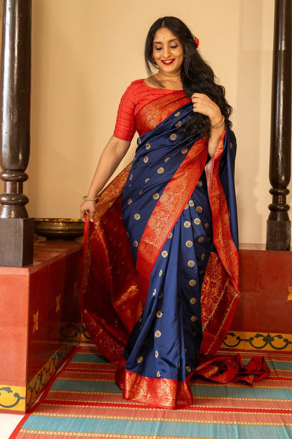 Majestic Red Banarasi Soft Silk Saree with Contrast Pallu in Purple, Blue & Black