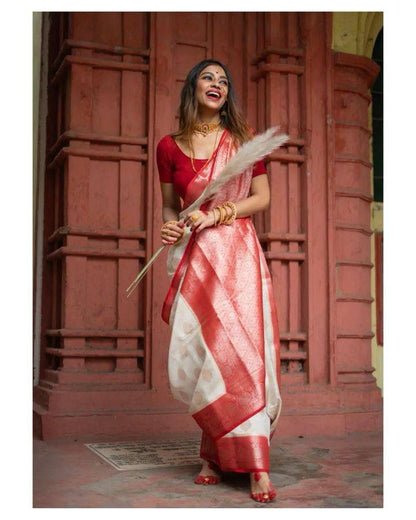 Traditional White & Red Banarasi Soft Silk Saree with Rich Zari Border