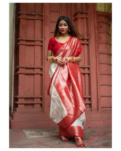 Traditional White & Red Banarasi Soft Silk Saree with Rich Zari Border