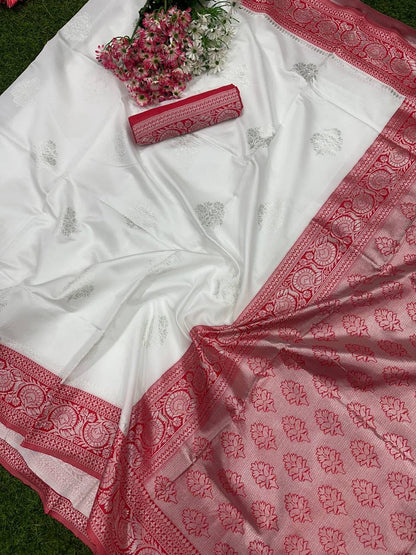 Traditional White & Red Banarasi Soft Silk Saree with Rich Zari Border