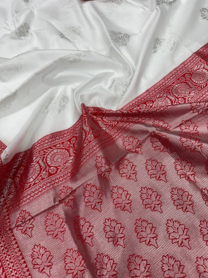 Traditional White & Red Banarasi Soft Silk Saree with Rich Zari Border
