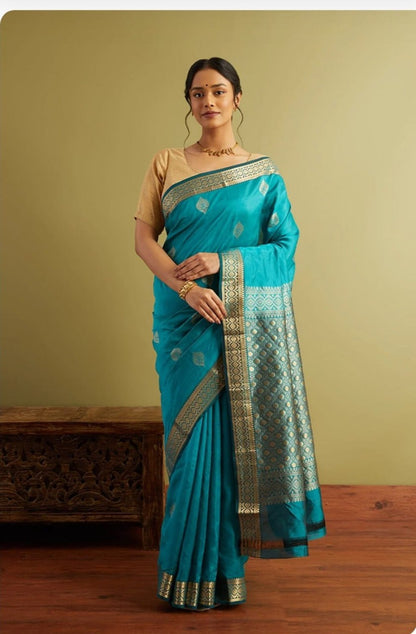 Aqua Blue Banarasi Soft Silk Saree with Gold & Silver Zari Weaving Border